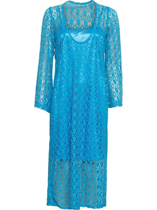 Summer Midi Dress for Wedding - Christening Open Back with Lace Turquoise