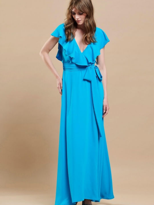 Matis Fashion Maxi Evening Dress Satin with Ruffle Turquoise