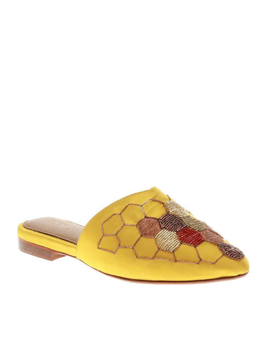SATIN Flat Σατέν Mules σε Κίτρινο Χρώμα