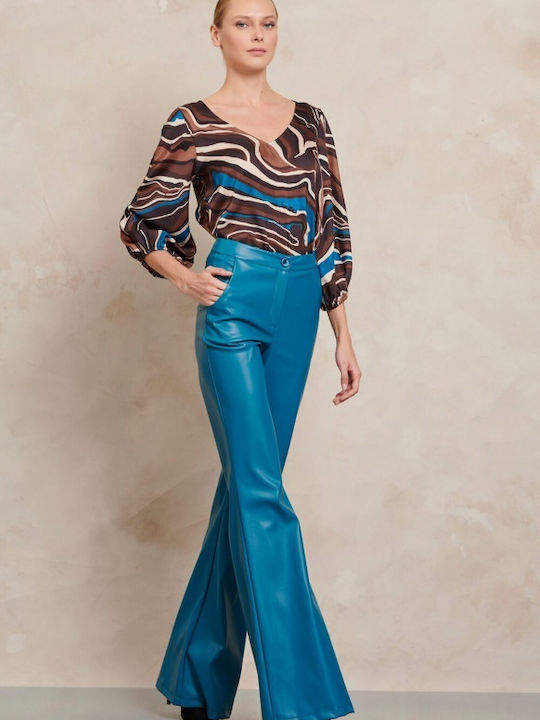 Damen Hoch tailliert Stoff Hose Schlag Blau