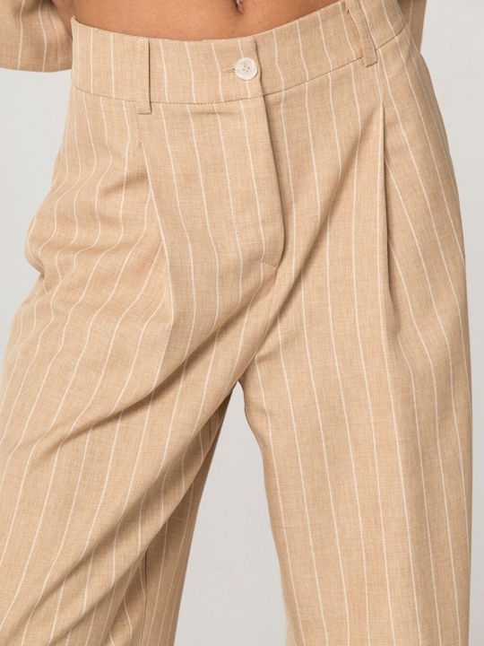 Damen Stoff Hose Gestreift Beige