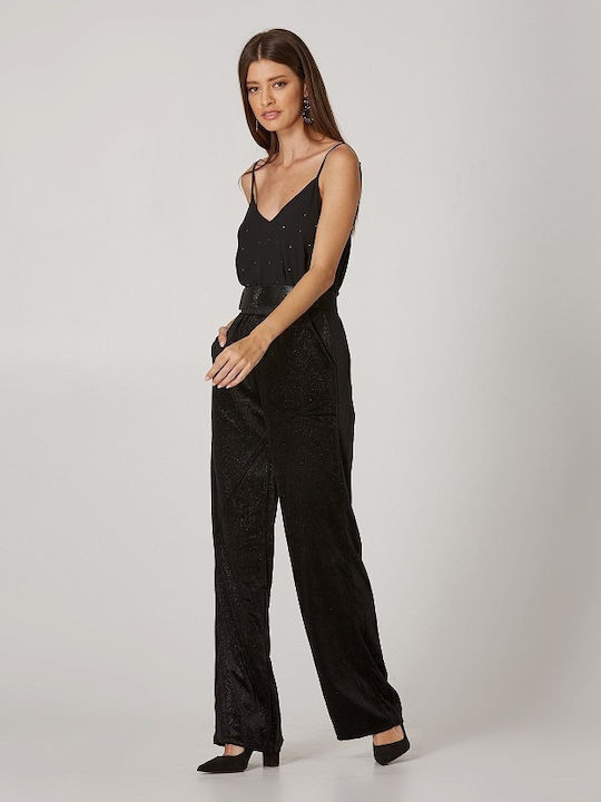 Lynne Women's High-waisted Velvet Trousers with Elastic in Regular Fit Black