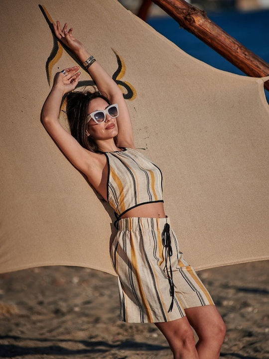 Matis Fashion Women's Summer Crop Top Linen Sleeveless Striped Beige