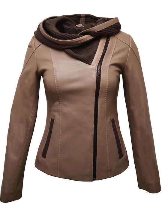 Δερμάτινα 100 Women's Short Lifestyle Leather Jacket for Winter with Hood LEATHER (Leather)