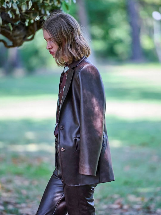 Matis Fashion Long Women's Leather Blazer Brown