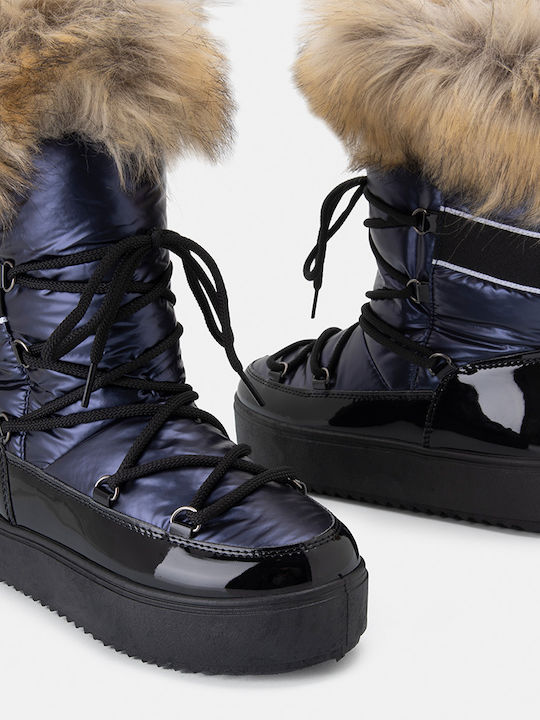 Bozikis Patent Leather Snow Boots with Laces Blue