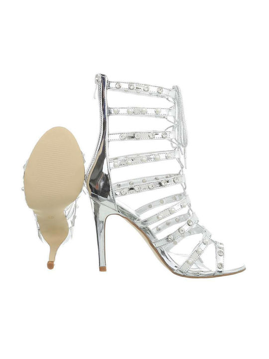 LD shoes Leather Women's Sandals with Strass Silver with Thin High Heel