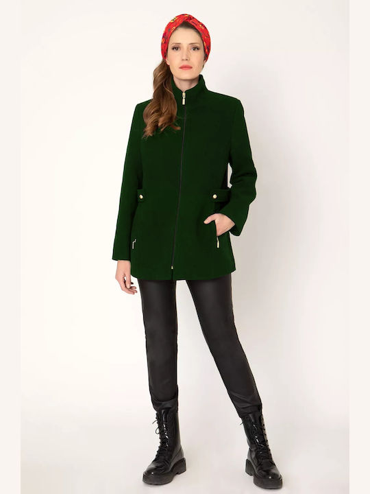 Vagias Γυναικείο Πράσινο Παλτό με Φερμουάρ