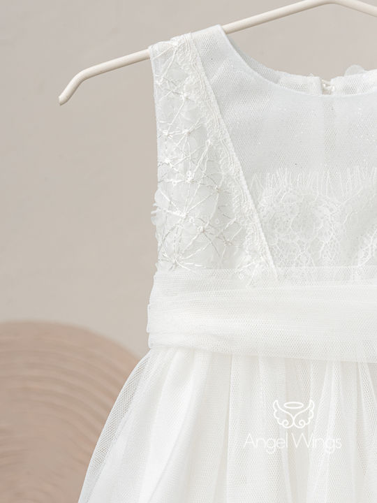 Angel Wings Ecru Baptism Clothes Set with Hair Accessories and Tulle Dress 2 Pieces