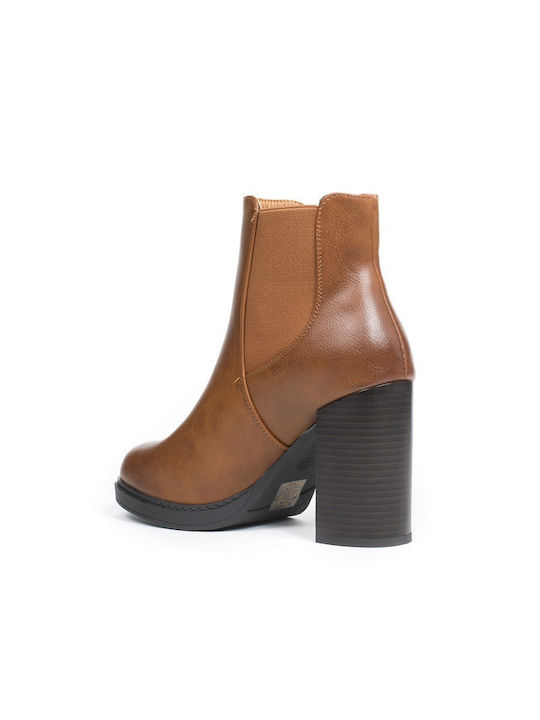 Ideal Shoes Leather Women's Chelsea Boots with High Heel Brown