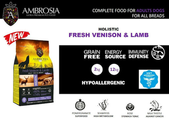 Ambrosia Grain Free Adult Fresh Venison & Lamb 12kg Dry Food Grain-Free for Adult Dogs with Lamb and Deer