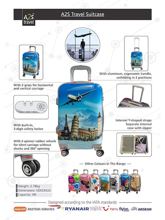 A2S World Monuments Cabin Hard Multicolour Suitcase With 4 Wheels Height 55cm
