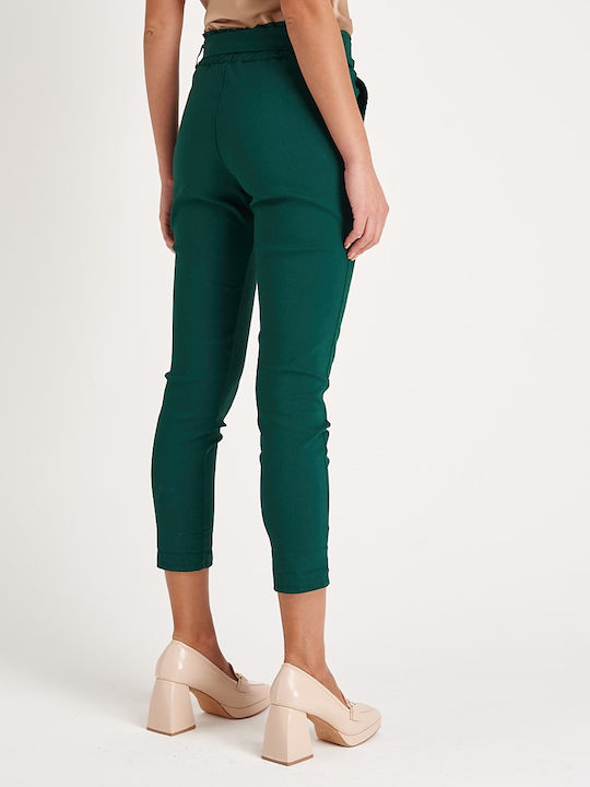 InShoes Ζώνη Women's High-waisted Fabric Trousers with Elastic GREEN