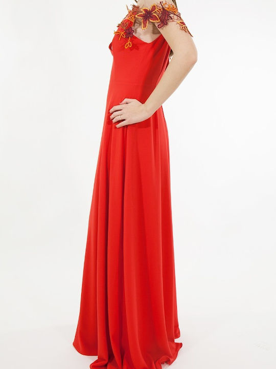 July Two Atelier Maxi Evening Dress with Lace & Sheer Coral