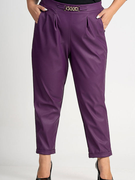 Lovesize Women's High-waisted Leather Trousers with Elastic Purple