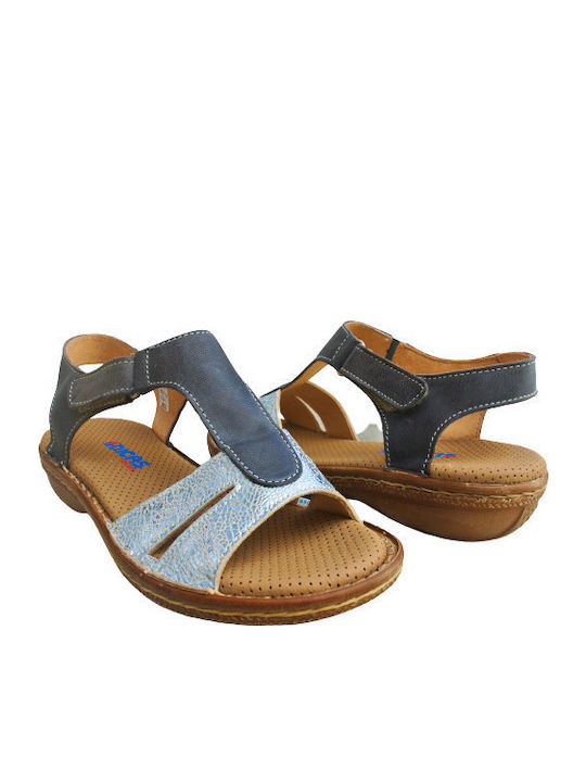 Leather Women's Flat Sandals Anatomic with Strap in Blue Color