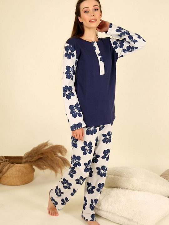 Happy Family Winter Women's Pyjama Set Cotton Dark blue.