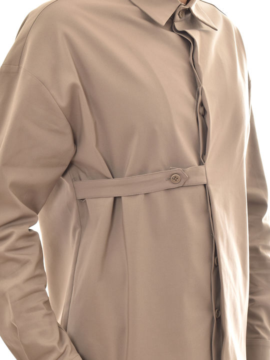 Μακρυμάνικo Overshirt σε Κανονική Γραμμή Μπεζ