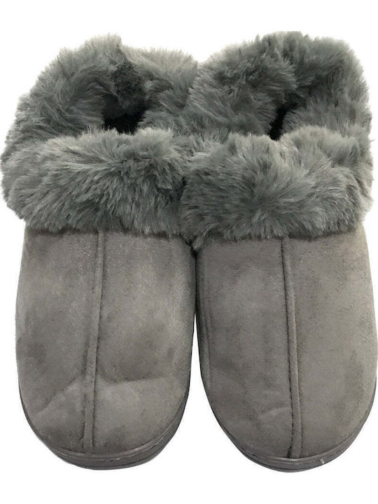 Heel Enclosed Men's Slippers with Fur Gray