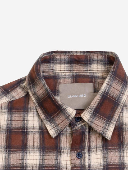 Gianni Lupo Men's Shirt Long Sleeve Cotton Checked Plaid (red, brown)