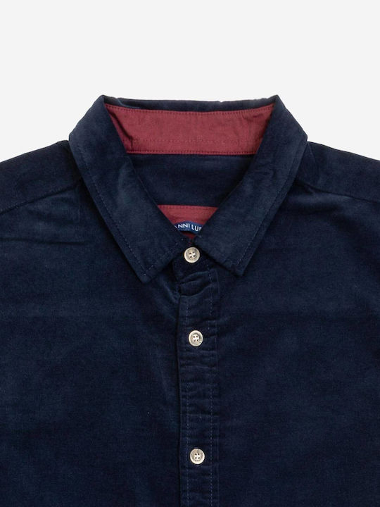 Gianni Lupo Men's Shirt Long Sleeve Corduroy Navy Blue