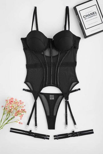 Decoro Set Sexy De Lenjerie Cu Transparență Și Jartiere Negre