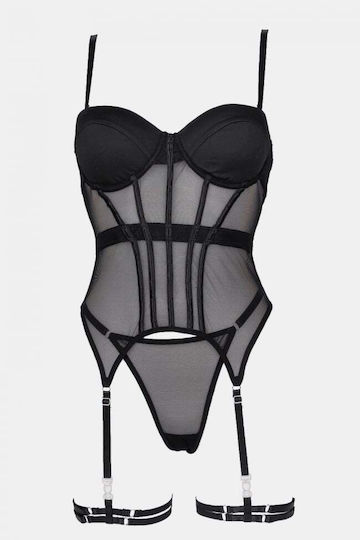 Decoro Set Sexy De Lenjerie Cu Transparență Și Jartiere Negre