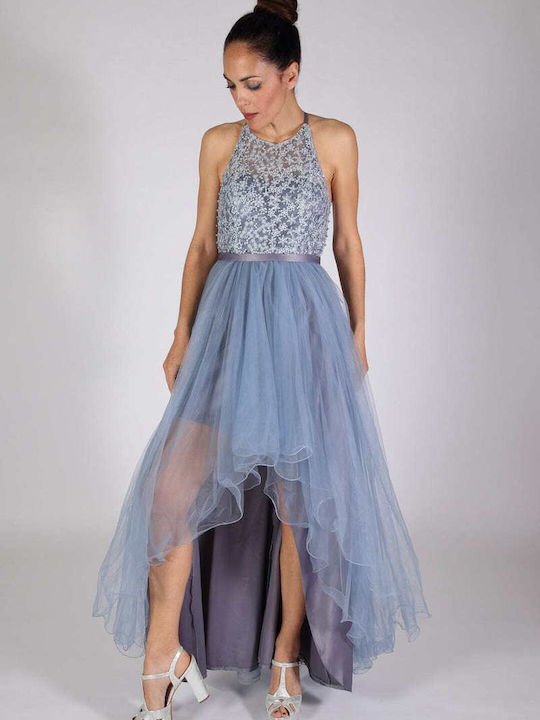 GREEN long tulle dress light blue with uneven length