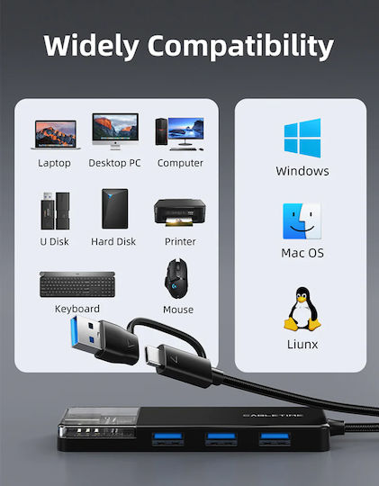 Cabletime USB-Hub 4 Anschlüsse USB 3.0 mit USB-A / USB-C Verbindung