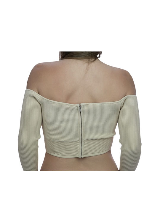 Endless Rose Damen Crop Top mit 3/4 Ärmel Beige