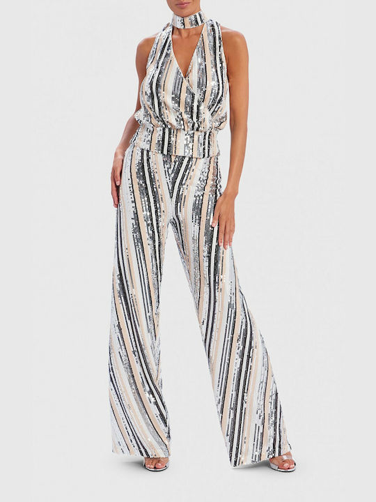 Forever Unique Women's High-waisted Fabric Trousers Beige-Silver-Black