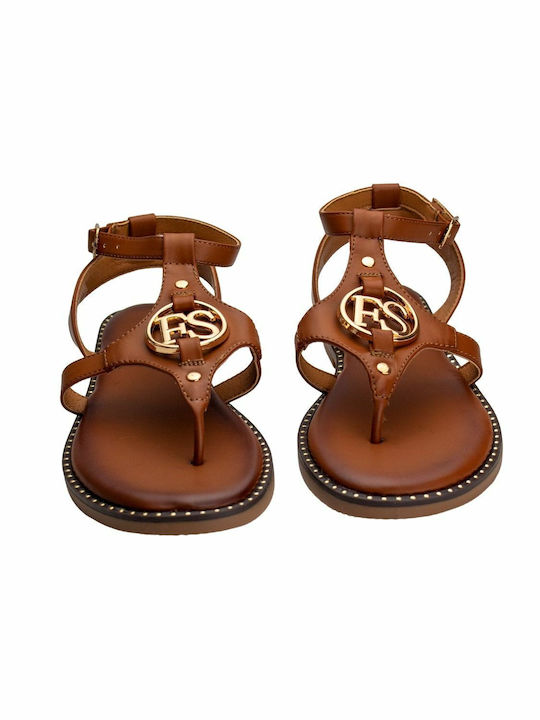 Diamantique Leather Women's Flat Sandals in Brown Color