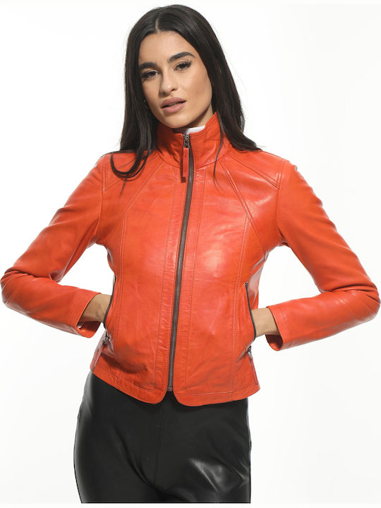 Women's Short Lifestyle Leather Jacket for Winter Orange.