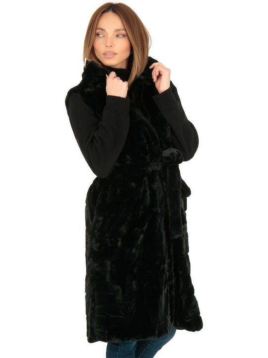 Women's Sleeveless Long Fur Black