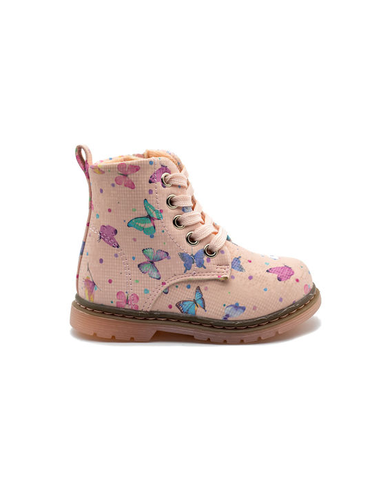 Beppi Kids Leather Military Boots with Zipper Pink