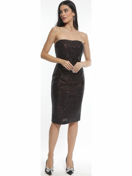 Midi Damenkleid für Hochzeit - Taufe Trägerlos Burgunderrot