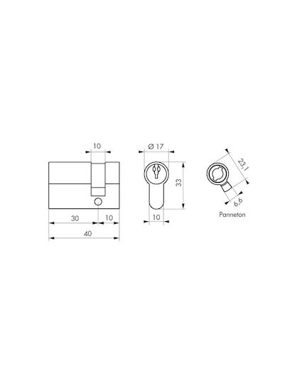 Thirard Κύλινδρος Κλειδαριάς Ασφαλείας Μισός 40mm (30-10) με 3 Κλειδιά Ασημί