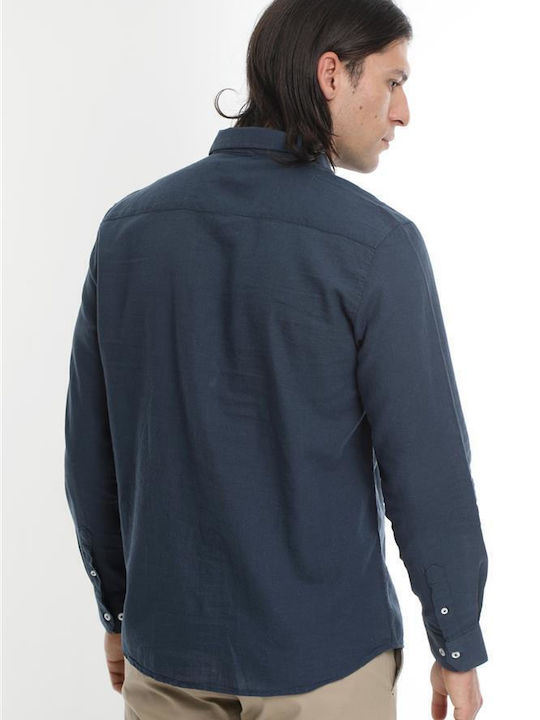 Double Men's Shirt Long Sleeve Linen Navy Blue