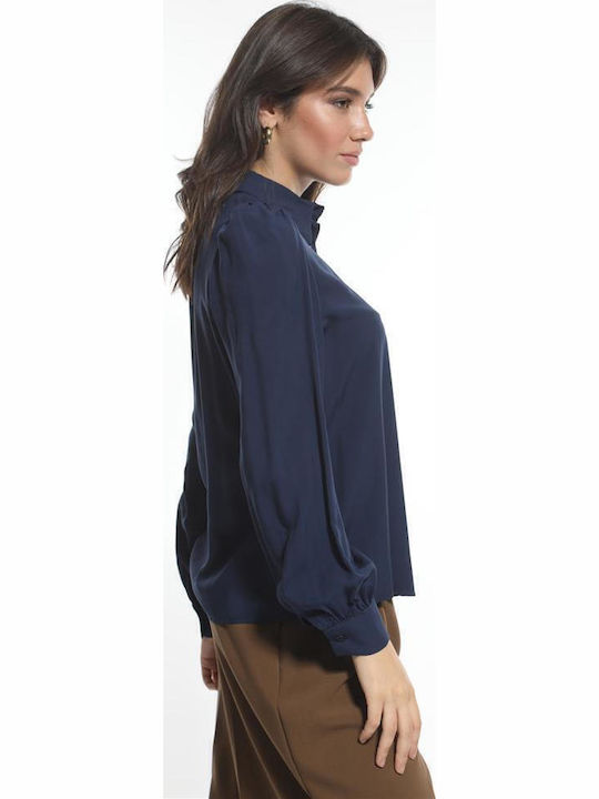 Long Sleeve Women's Silky Shirt Blue