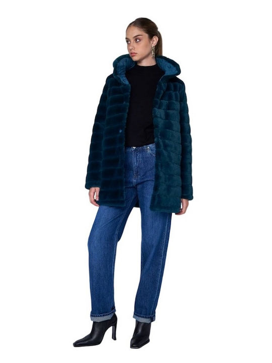 Ale - The Non Usual Casual Women's Midi Coat with Buttons and Fur GREEN