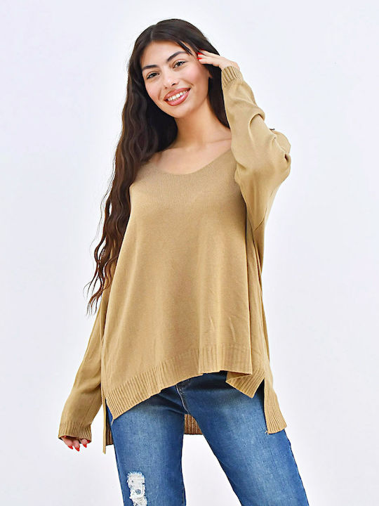 Beltipo Damen Langarm Pullover mit V-Ausschnitt Coffee.