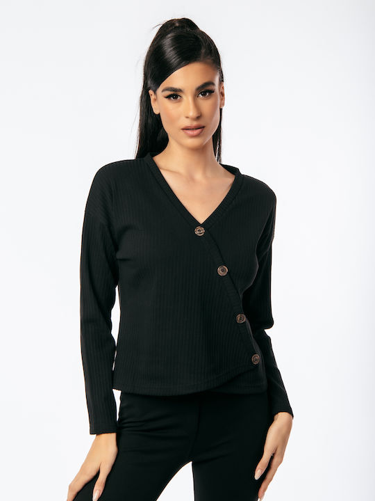 Boutique Women's Blouse Long Sleeve with V Neckline Black