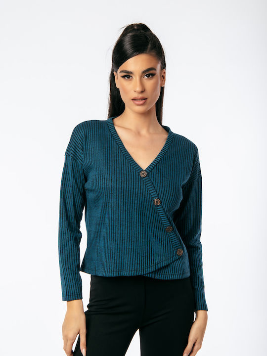 Boutique Women's Blouse Long Sleeve with V Neckline Petrol