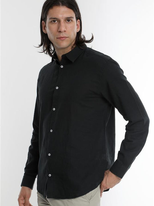 Double Men's Shirt Long Sleeve Linen Black