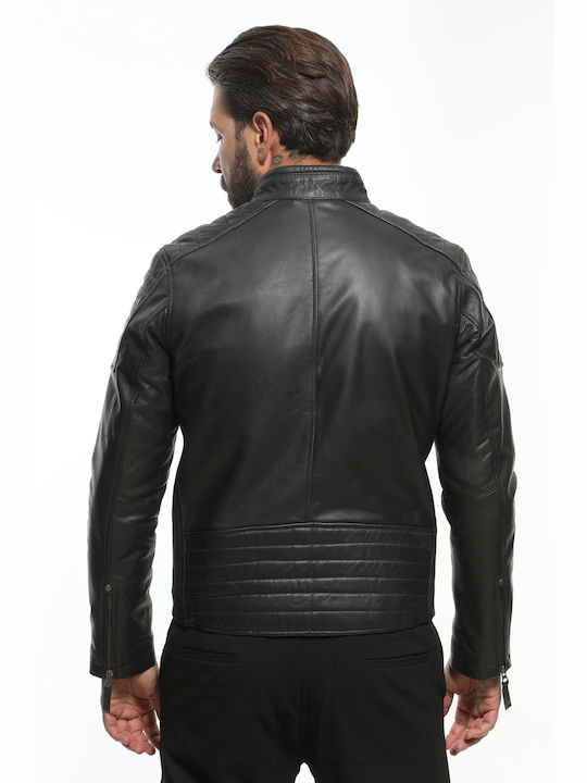 Newton Leather Ανδρικό Δερμάτινο Χειμωνιάτικο Μπουφάν Biker Μαύρο