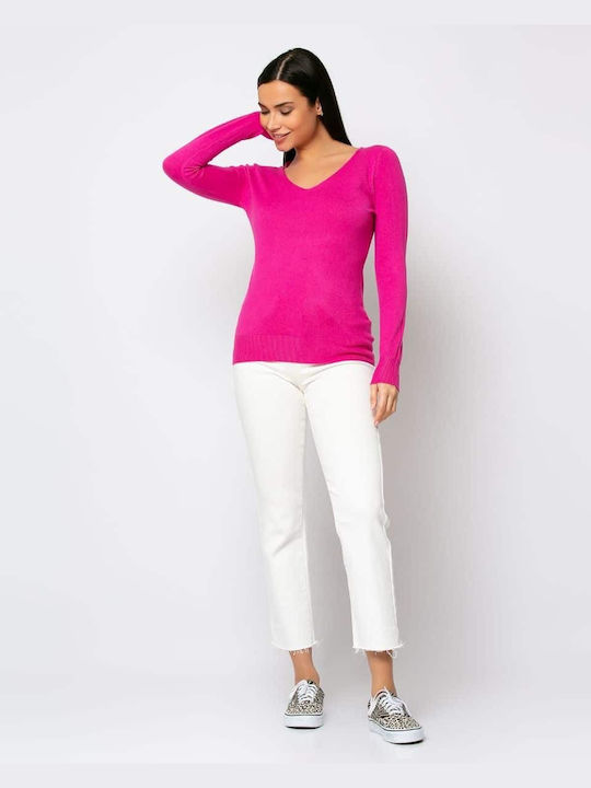 Noobass Women's Long Sleeve Sweater with V Neckline Fuchsia