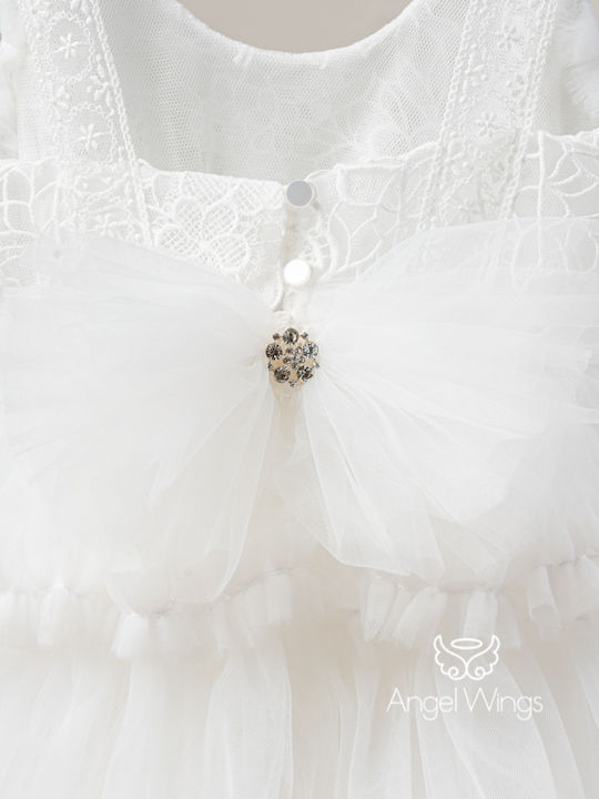Angel Wings White Baptism Clothes Set with Hair Accessories and Lace Dress 2 Pieces