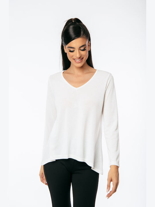 Women's Blouse Long Sleeve with V Neckline White