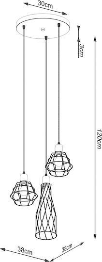 Sollux 3p Pendant Light Black with Socket E27 38x38x20cm