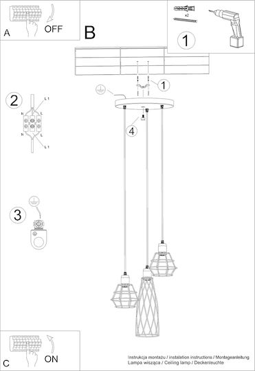 Sollux 3p Pendant Light Black with Socket E27 38x38x20cm